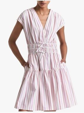 10 Crosby Derek Lam Pink & White Striped Lace-Up Waist Midi Dress